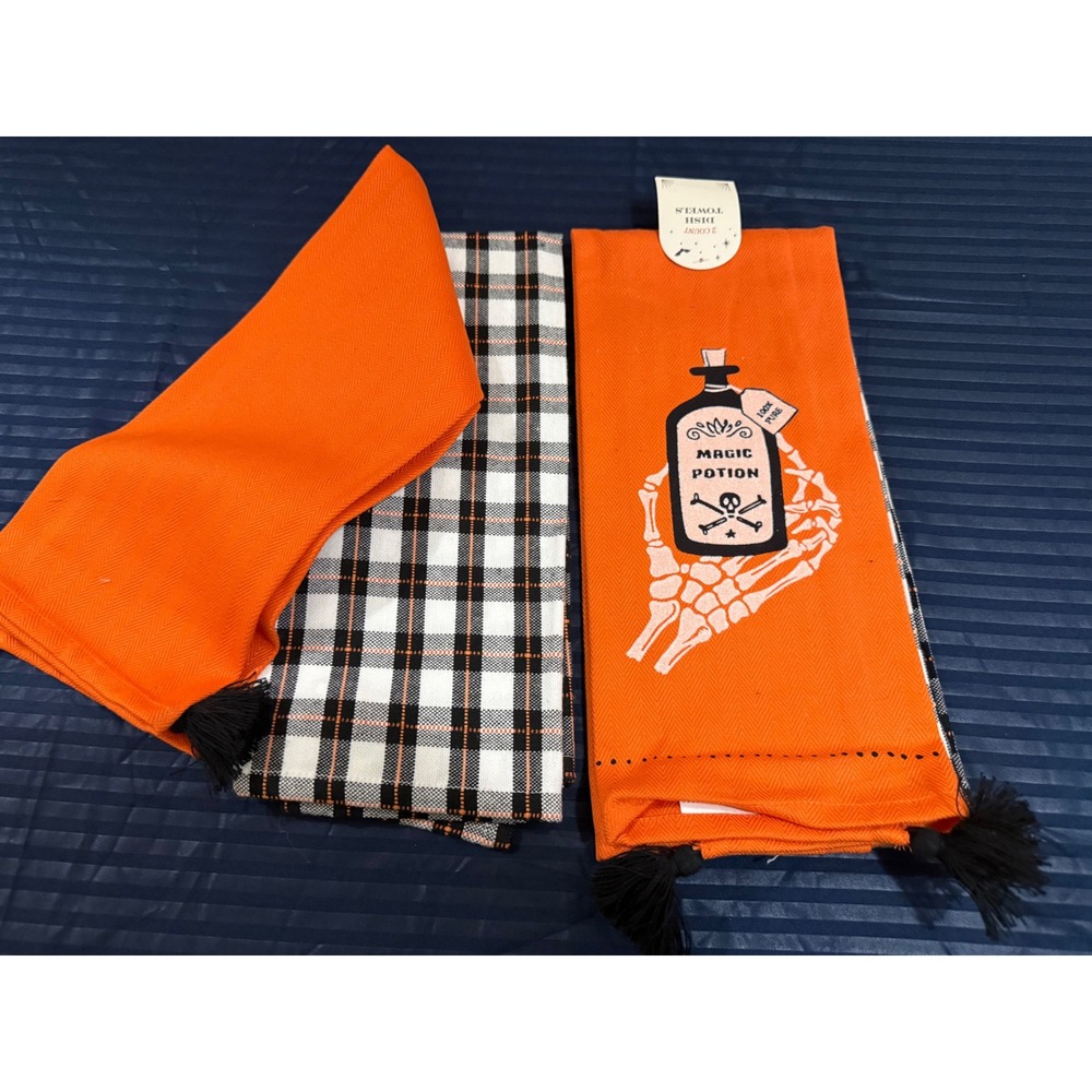 Halloween Dish Towels 2 Count Orange Magic Potion Skeleton Hand Plaid Tassels